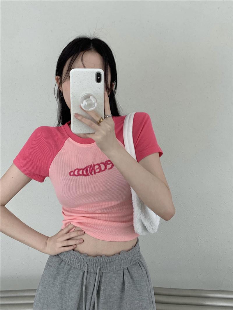 

Pink Sweet & Spicy French Crop Top - Women s Slim Color Block Short Sleeve T-shirt for Summer Medium розовый
