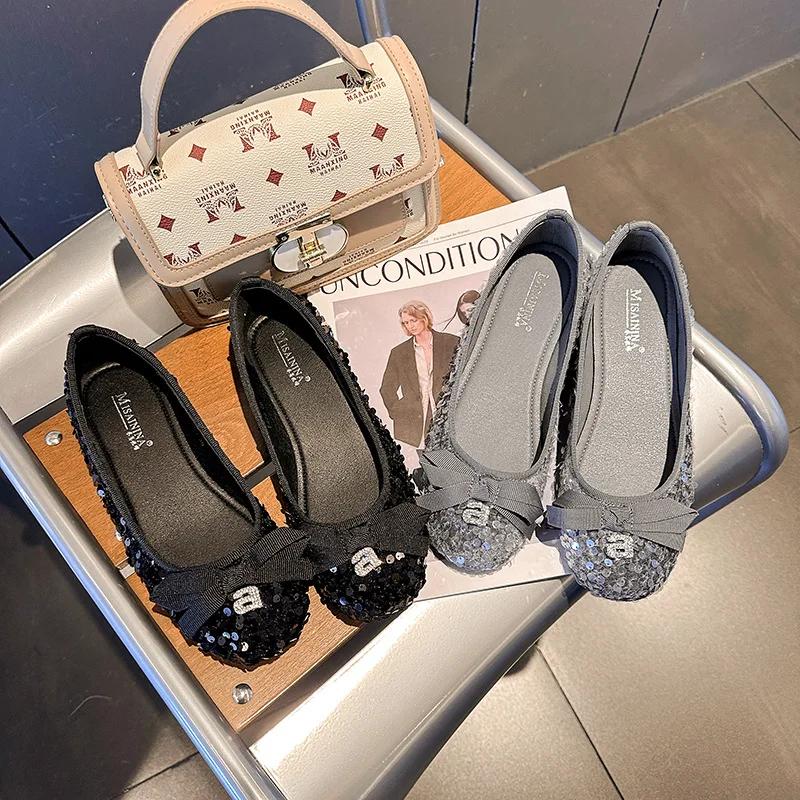 Shoe Women's Spring Round Toe Casual Bean Shoes, Sequined Butterfly Bow Low Heel Shallow Mouth Flat Bottom Lazy Shoes