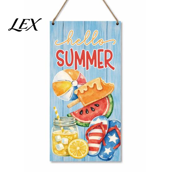 Refresh Home Decor Summer Wooden Hanging Sign, Welcome Sign Front Door with Floral Pattern Rope, Colorful Hanger for Seasonal Farmhouse Beach