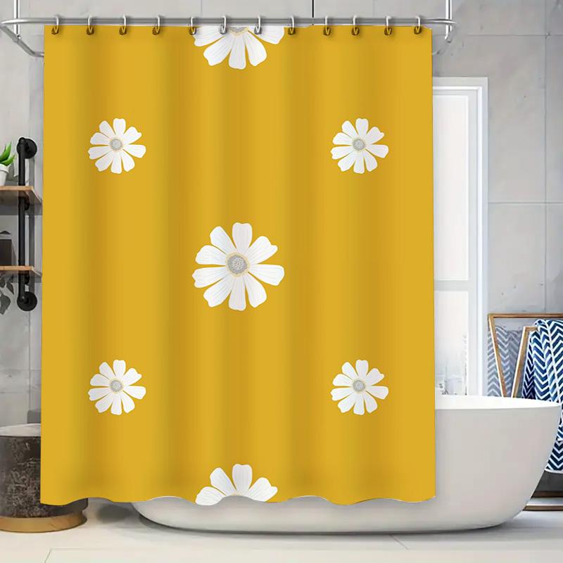 

Yellow Shower Curtain with White Flowers Pattern Waterproof Washable for Bathroom Decor Modern Home Accessories (Standard Size) 90x180cm