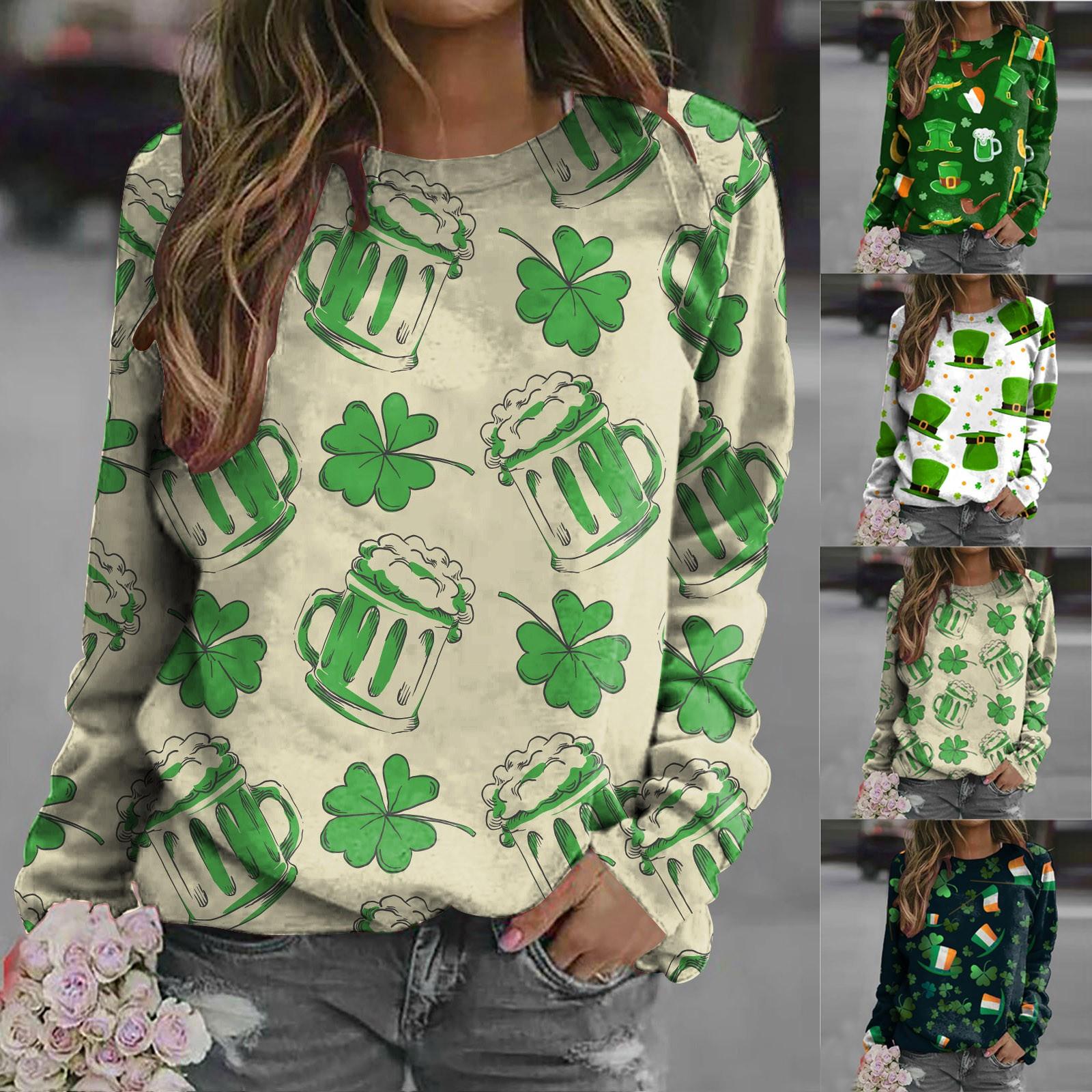 

Женская повседневная футболка с длинным рукавом и круглым вырезом с принтом Дня Святого Патрика и круглым вырезом