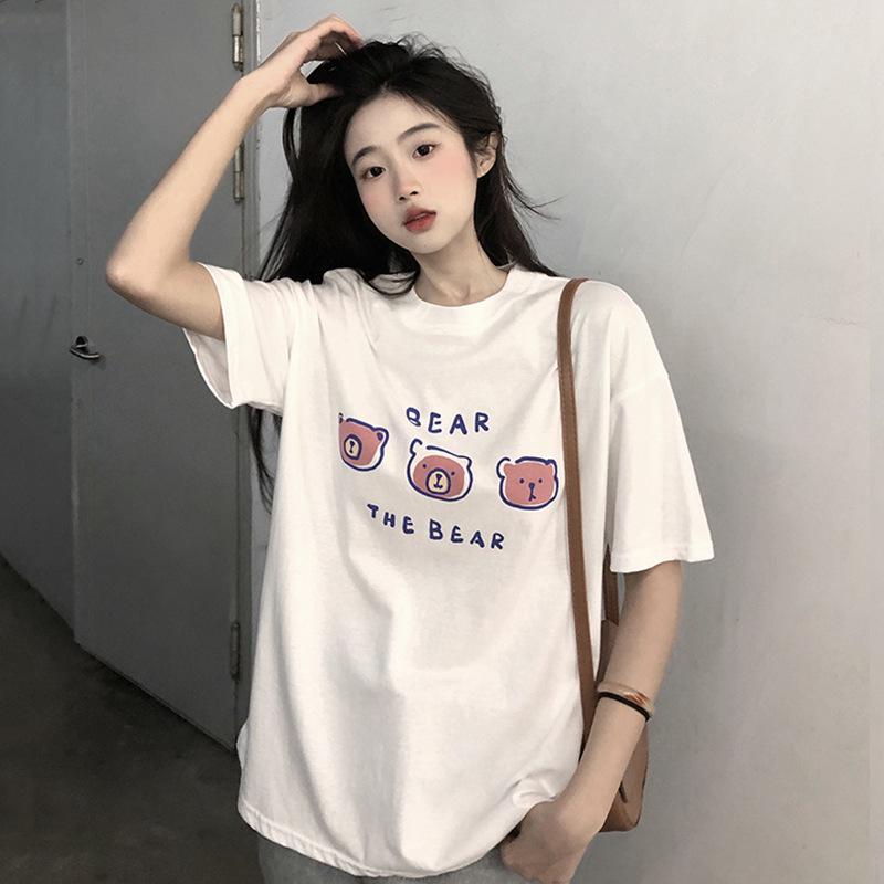 2025 Women’s Summer Korean-Style Loose Mid-Length Bear Print White T-Shirt