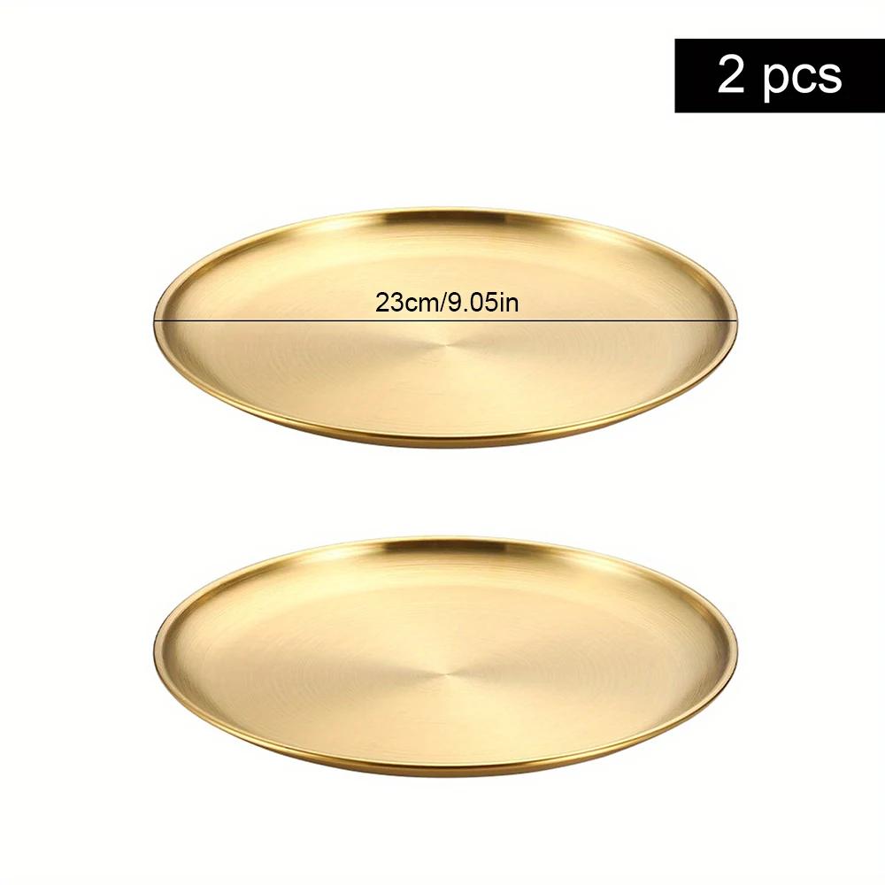 2Pcs Stainless Steel Round Plate Bone Spitting Dish Shallow Tray Metal Camping Plate Dining Disc BBQ Picnic Dishes Cookware