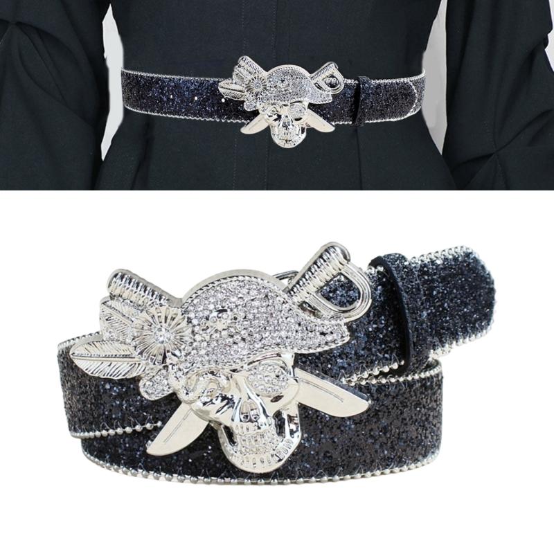 Sparkly Beaded Waist Belt Rhinestones Skull Buckle for Hot Girl Glitter Trendy Underbust Waist Chain Belt Disco Party