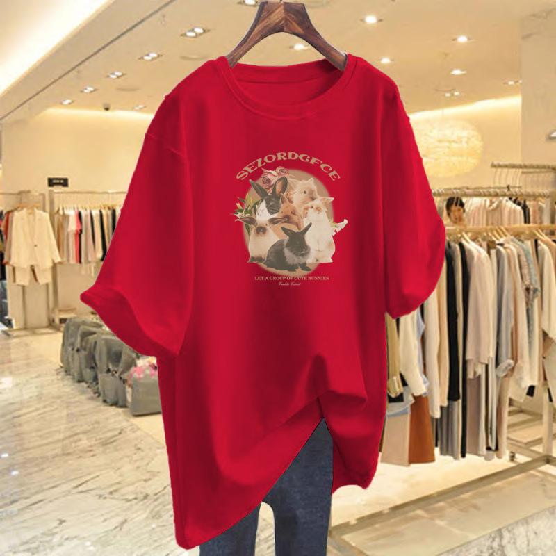 Pure Cotton Loose Printing Versatile Age-reducing T-shirt Large Size Cartoon Short-sleeved Women's New Medium and Long Models