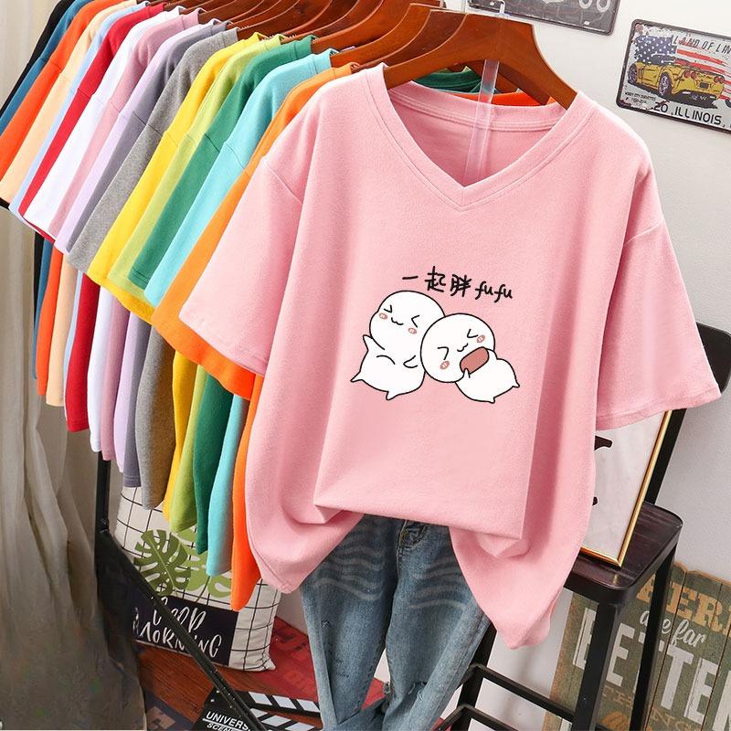Camiseta de manga curta, Solta, Top V-neck Estampado Emagrecedor para Mulheres
