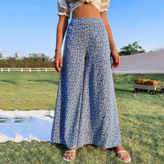 Women Pants High Waist Floral Print Wide Leg Trousers Vintage Style Loose Fit Casual Long Pants with Pockets