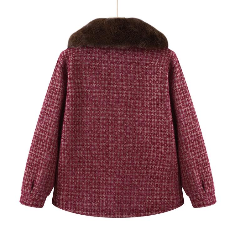 Middle-aged Fashion Mother Dress Mink Velvet Plaid Jacket Middle-aged and Old Women's Fur Collar Coat Plus Velvet Thickened Grandma Dress