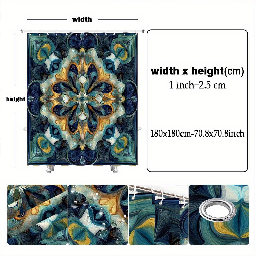 1pc Kaleidoscopic Star Pattern Shower Curtain - Teal, Blue & Gold Swirls On Navy, Stylish Modern Bathroom Decor