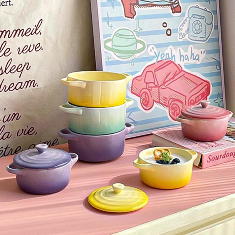 Gradient Color Ceramic Stew Pot with Lid, Double-Ear Design, Egg Steaming Bowl, Double Boiler, Microwave Safe Baking Bowl for Household Use