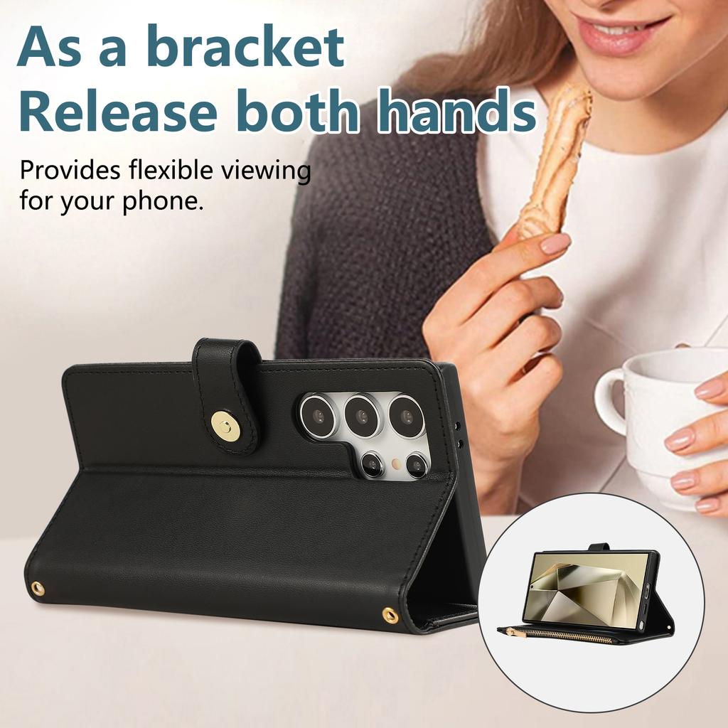 For Samsung Galaxy S24 Ultra Case Multi Card Slots Zipper Rhombus Leather Phone Cover with Wrist Strap