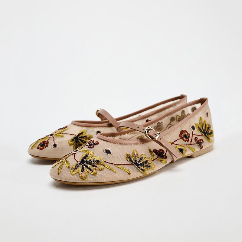 Fashion Spring Autumn Mesh Embroidery Women Mary Jane Shoes Ladies Outdoor Comfort Ballet Style Women's Grandma's Shoes
