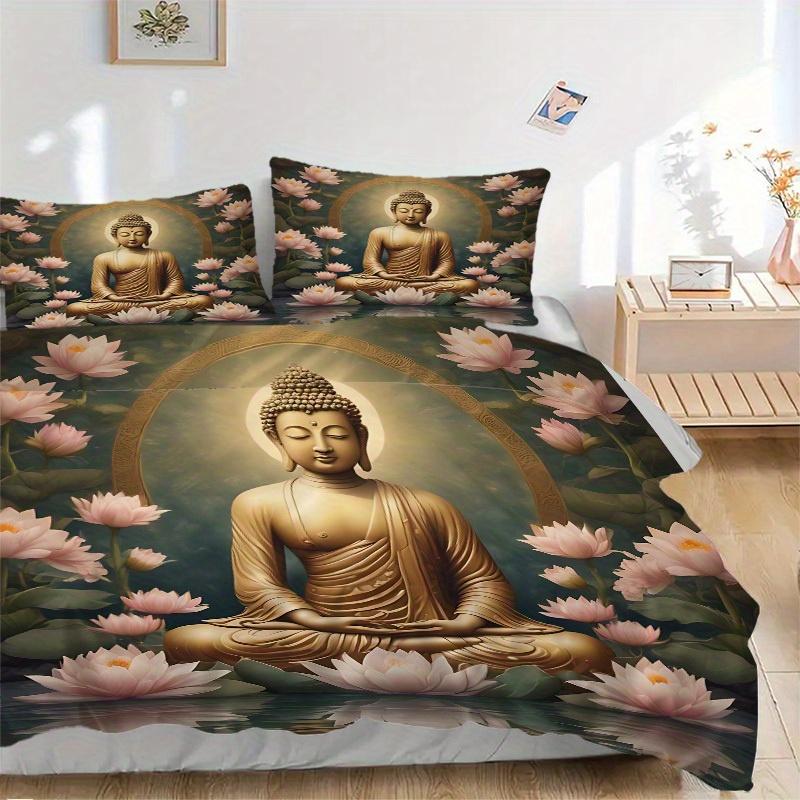 3pcs Buddha Lotus Soft Comfortable Bedding set, For Bedroom, Guest Room And Dorm, All Season Use, High-Definition Printing, Machine Washable 175