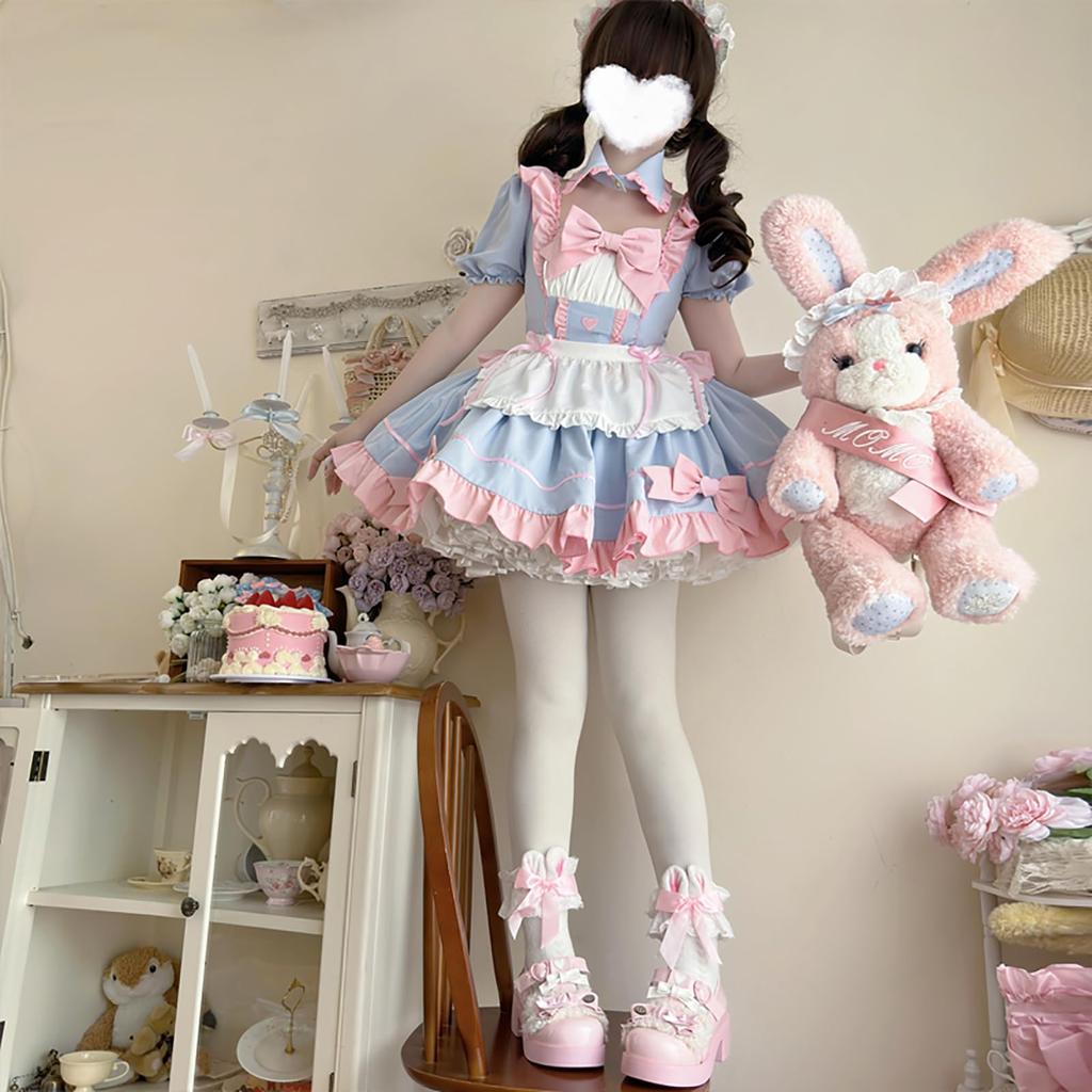 XHSUKADO 3-Piece Maid Outfit Set, Lolita Dress with Ribbon, Lace-Up, Dreamy, Cute Gothic Lolita Dress, Ruffles, Mori Girl, Princess Style, Idol Costum