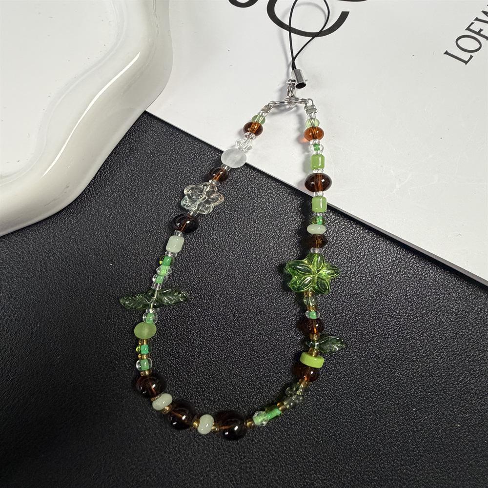 Spring Green Beaded Flower Phone Chain & Camera Lanyard Green Leaves Flowers Beaded Lanyard