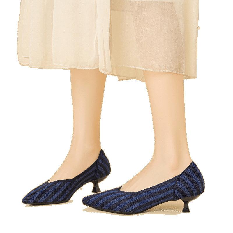 Neue High Heels spitz zulaufend fliegen-gewebt mittelhoch gestrickte Schuhe leichter Mund Katzenabsatz einzelne Schuhe Damen