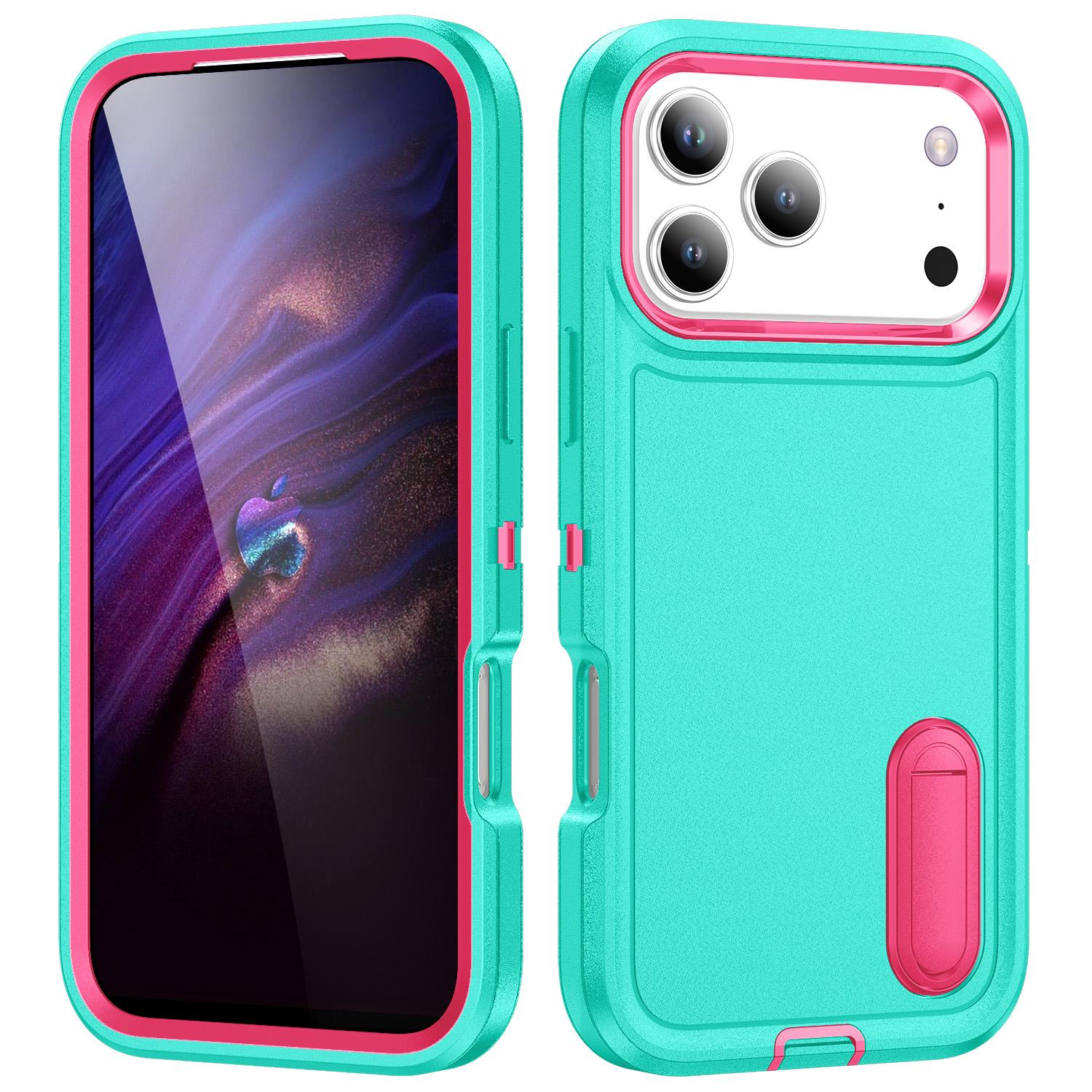 

For iPhone 17 Pro Max Case Case Kickstand Phone Cover PC+Silicone+EVA 3-in-1 Design Light Cyan+Rose