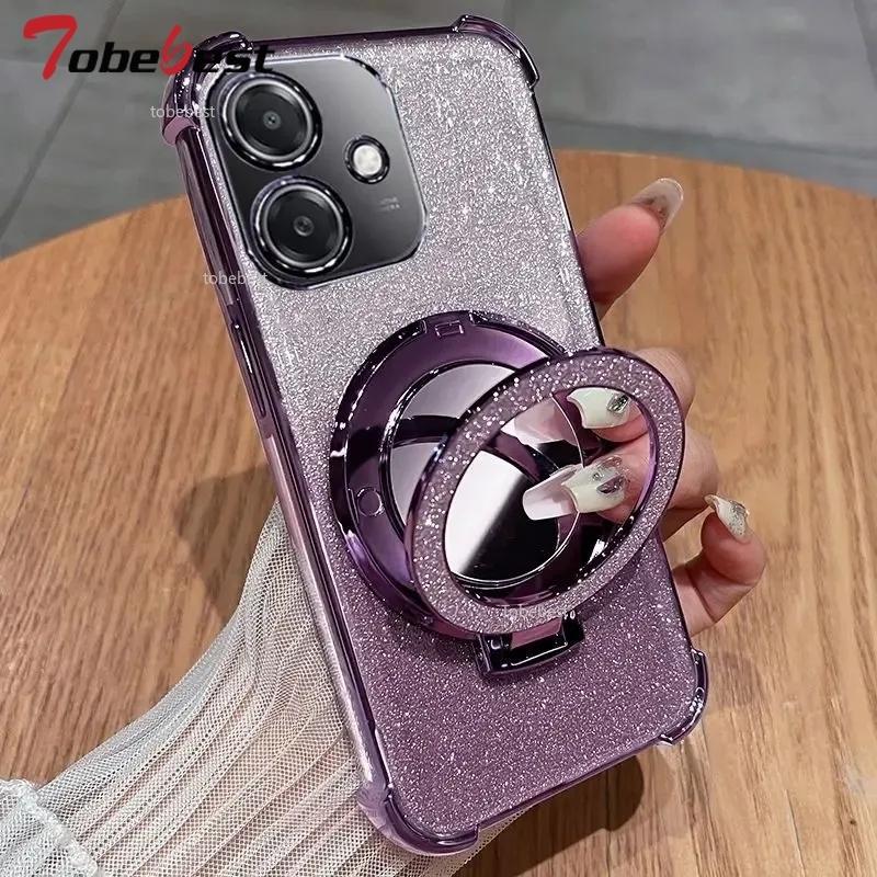 Glitter Shockproof Silicone Case For Huawei Honor 400 Lite Mirror Makeup Magnetic Holder Stand Soft Cover