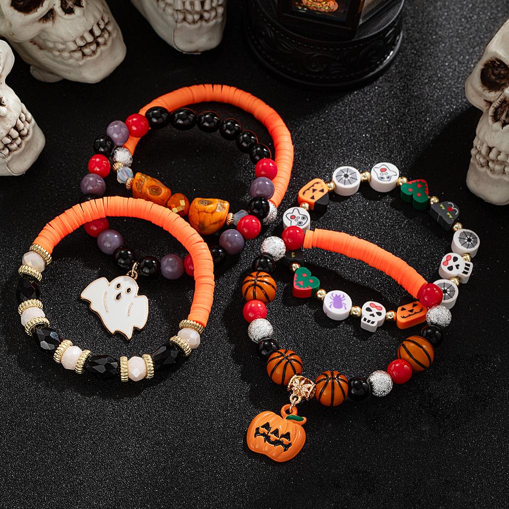 5 Halloween bead bracelets, multiple sets, drip oil little devil pumpkin pendant, soft ceramic bracelet