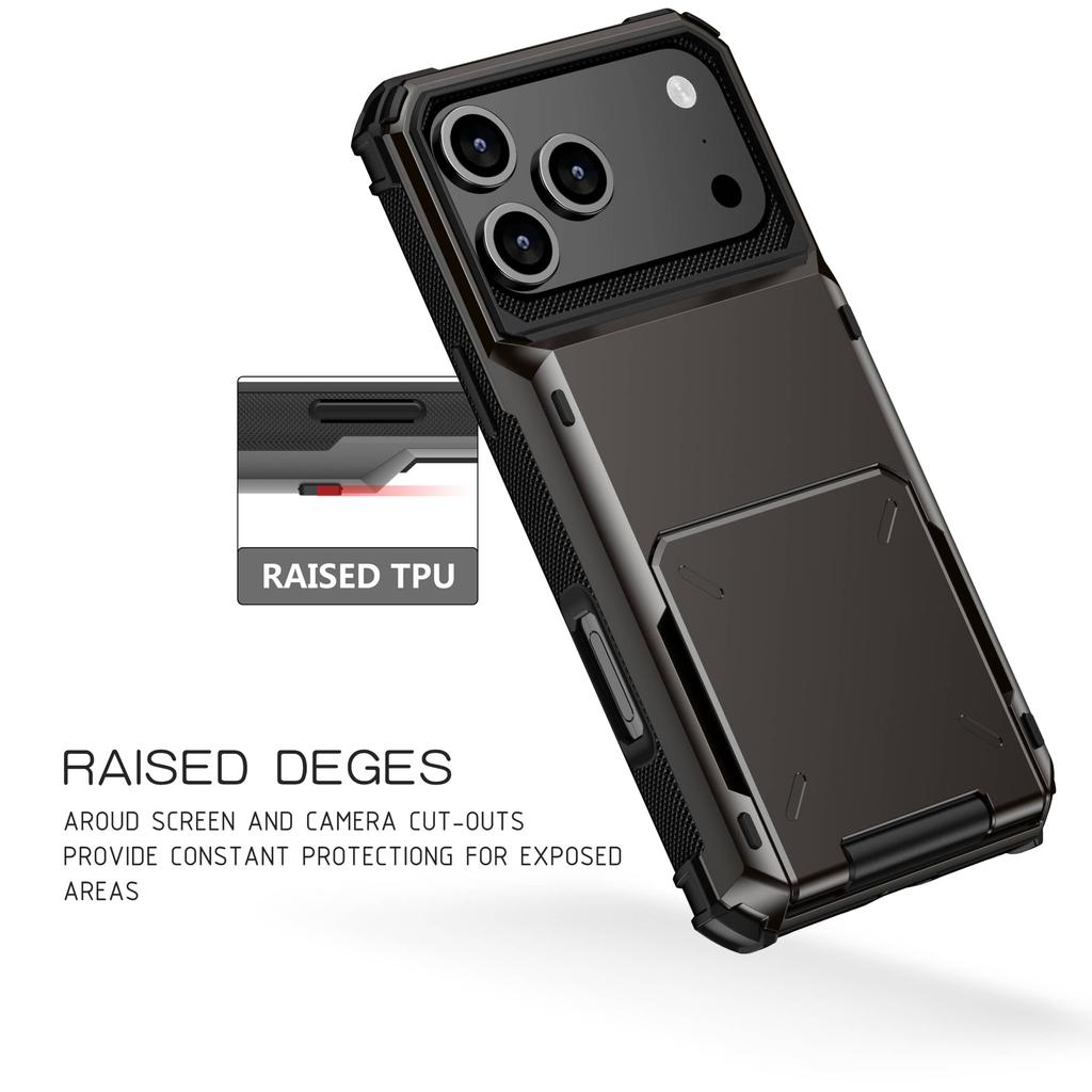For iPhone 18 Pro Max 17 16 15 14 Air Wallet Case Card Slot Holder, Slide Armor, Shockproof Protective Cover with Kickstand Case
