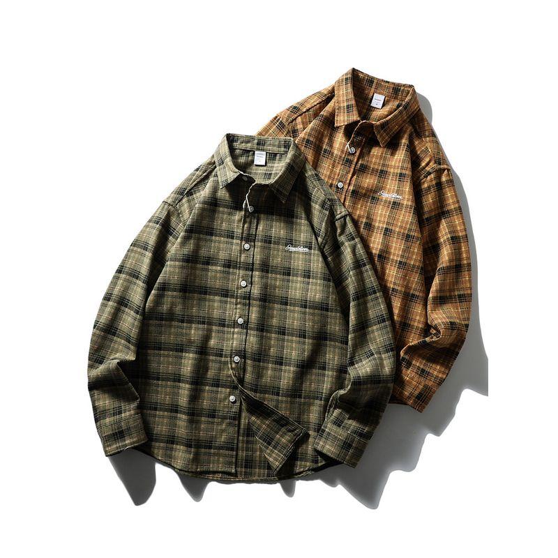 American Retro Brushed Plaid Shirt Men's Long-Sleeved Spring and Autumn Jacket Foreign Trade Men's Casual Inner Layering Shirt