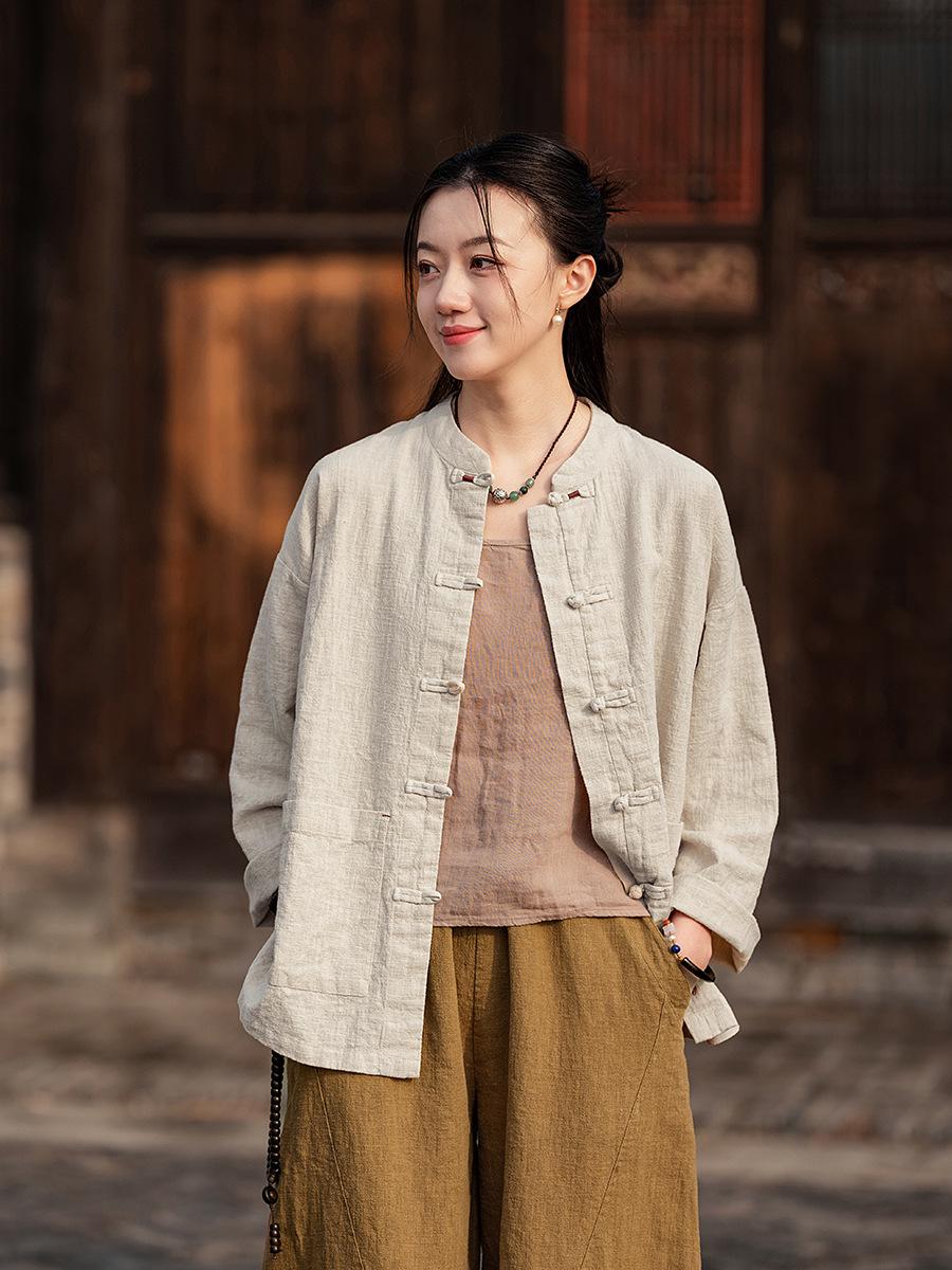 

Женская весенняя льняная рубашка и кардиган: Тайцзи костюм в китайском стиле, двубортный One Size