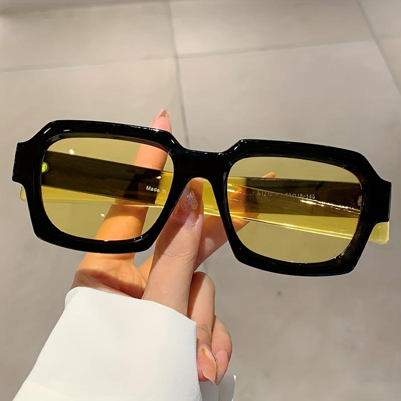 1 Pair Of Elegant Black Square Frame Sunglasses For Women - Stylish Plastic Frame With Yellow Tinted Lenses Perfect For Fashion