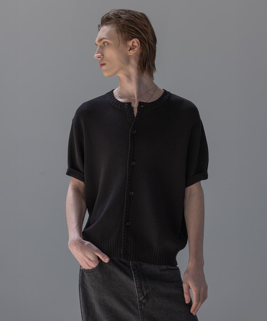 Dekkoloso Panel Rib Short Sleeve Summer Round Cardigan [Black]