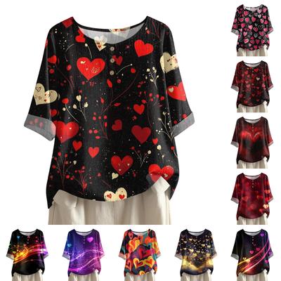 Women's Casual And Comfortable Mid-Length Round-Neck Fashion Print Cotton-Linen Top
