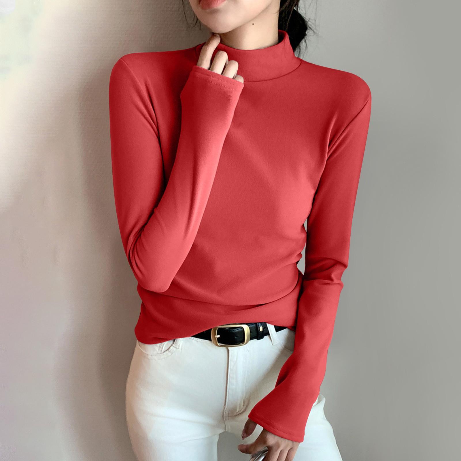 

Women s Color Color Semi High Neck Slim Fit Base Shirt With Long Sleeve Tight T-shirt M червоний