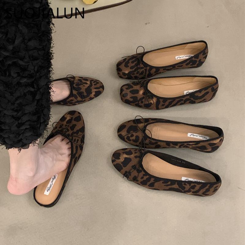 Fashion SUOJIALUN 2024 Summer New Brand Women Flat Shoes Fashion Leopard Print Ladies Elegant Shallow Slip On Soft Ballerinas Shoes