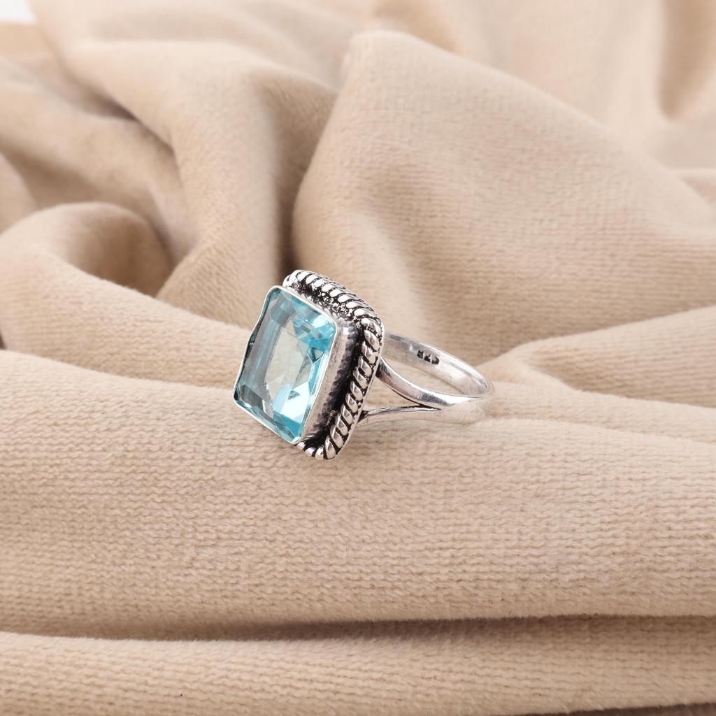 Himmelblauer Topas Edelstein 925 Sterling Silber Handgefertigt Schöner Ring Damen Hochzeits Schmuck Für Braut RR-71-15