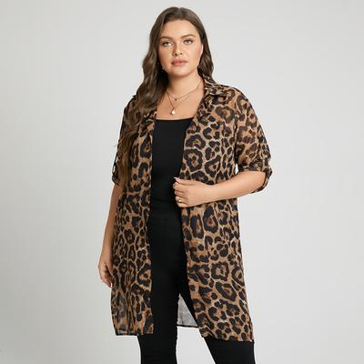 Dames Zomer Casual Lange Mouw Luipaard Print Chiffon Shirts