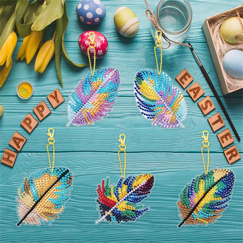 Diamant Malerei Schlüsselanhänger DIY Handgemaltes Basteln 5D Mosaikkunst Diamant Sonderform Diamant Schlüsselanhänger Taschenzubehör Feder Diamant Malerei 5-teilig