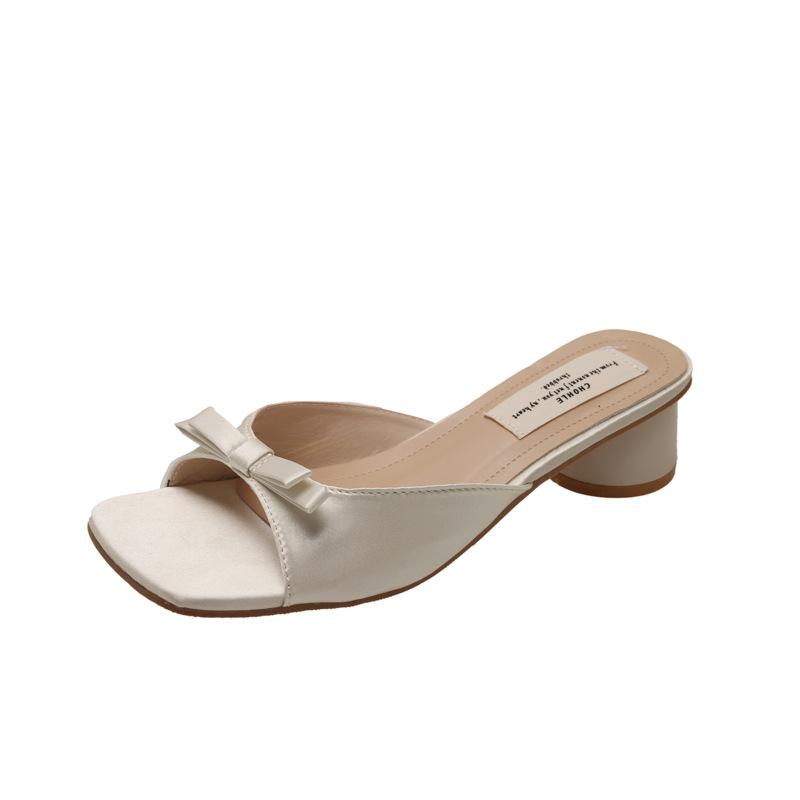 Premium casual French evening breeze square head bow one-word slippers women's spring new outer wear with skirt cool slippers