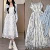 Pure Desire Sweet and Spicy Wind Suspender Dress Women's Summer New Waist Floral Long Dress Blue Vacation Irregular Skirt