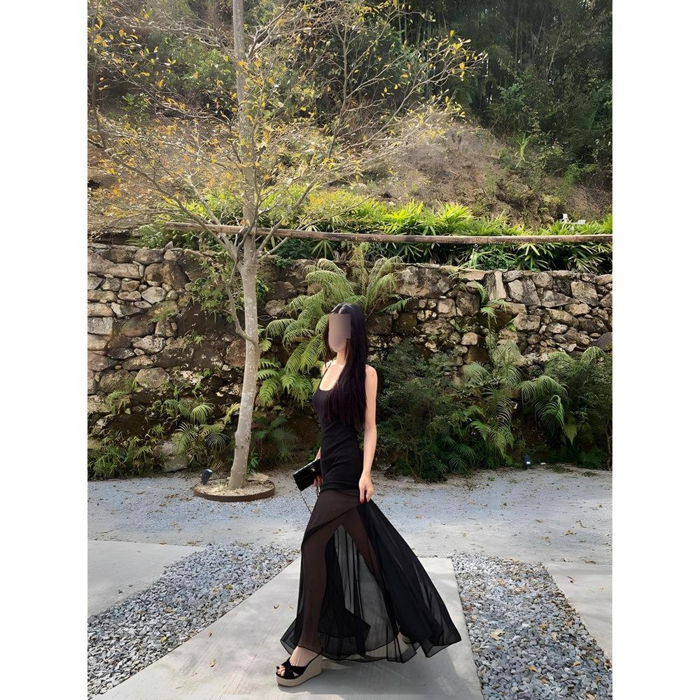Pure Desire Style Black Mesh Splicing Sexy Suspender Dress Femininity Summer New Seaside Vacation Waist Dress