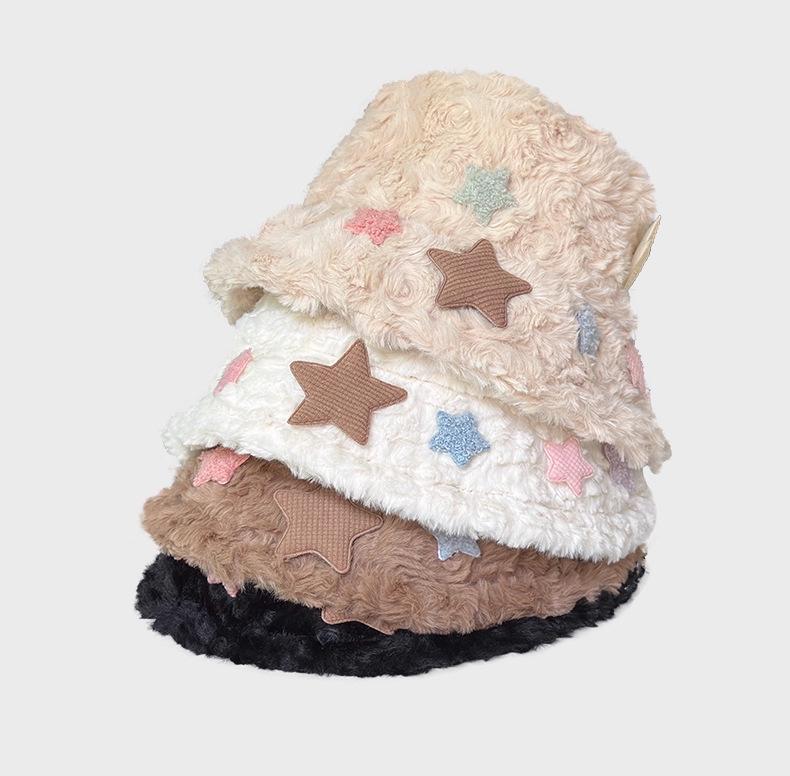 New Arrival: Women's White Star Plush Fisherman Hat - Japanese Style Winter Accessory