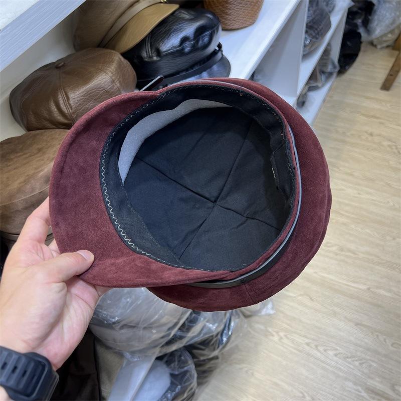 Autumn and Winter Belt Splicing Polished PU Leather Flat Top Hat Women's Niche Short Cover All-match Crooked Trendy Hat