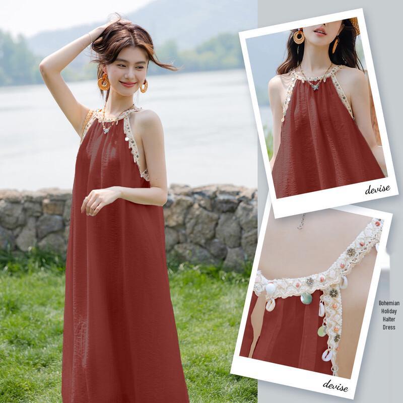 Mocana Bohemian Halter Beach Maxi Dress One Size кирпич красный