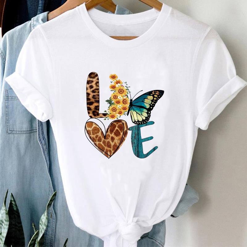 

(European Size) 90s Women Print Leopard Butterfly Sweet Trend Tee Top Fashion T Shirt Clothing Casual Short Sleeve Lady Female Graphic T-shirt 4XL