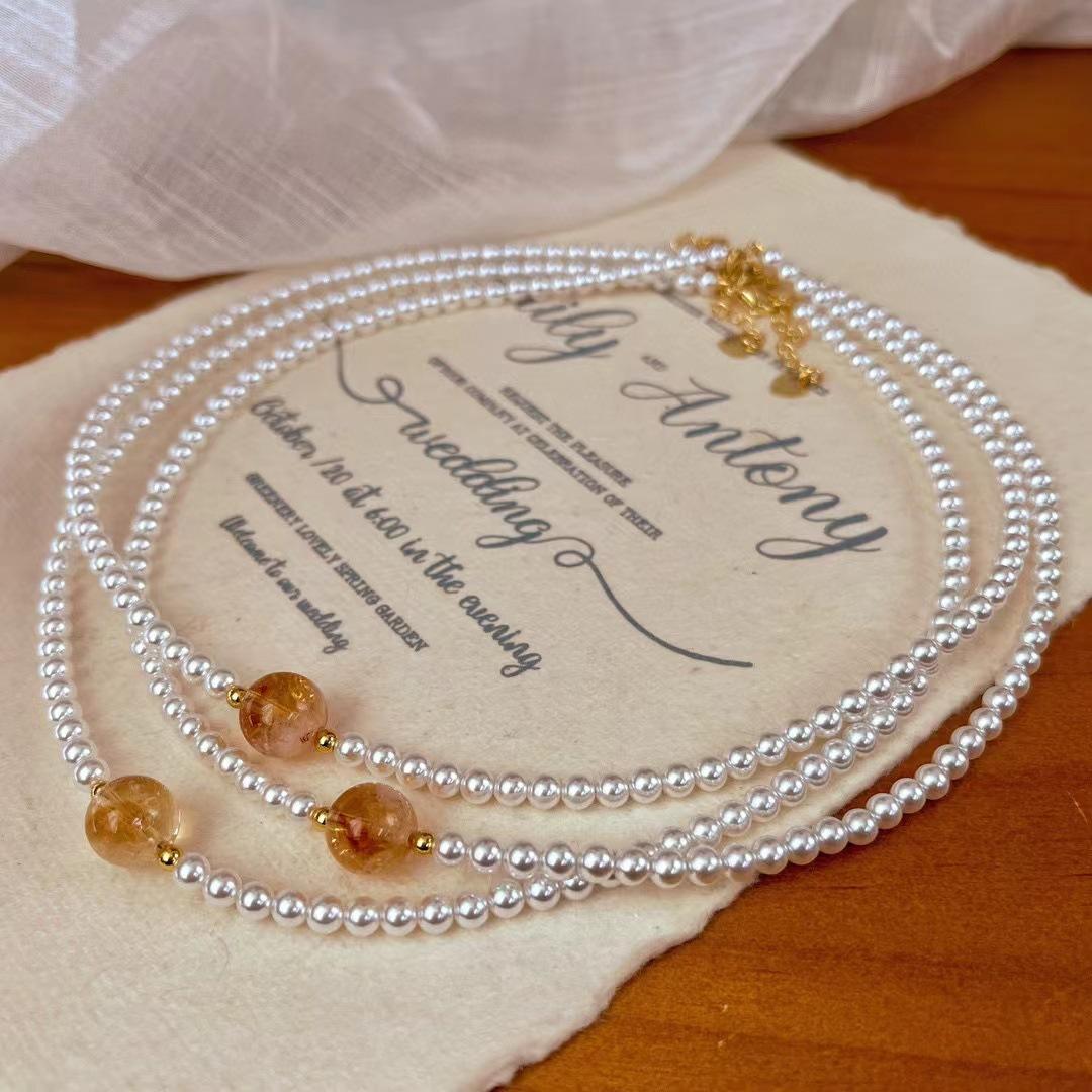 

Vintage Round Strong Light 4Mmbaby Beads Shijia Cold White Pearl Natural Citrine Collarbone Chain Necklace