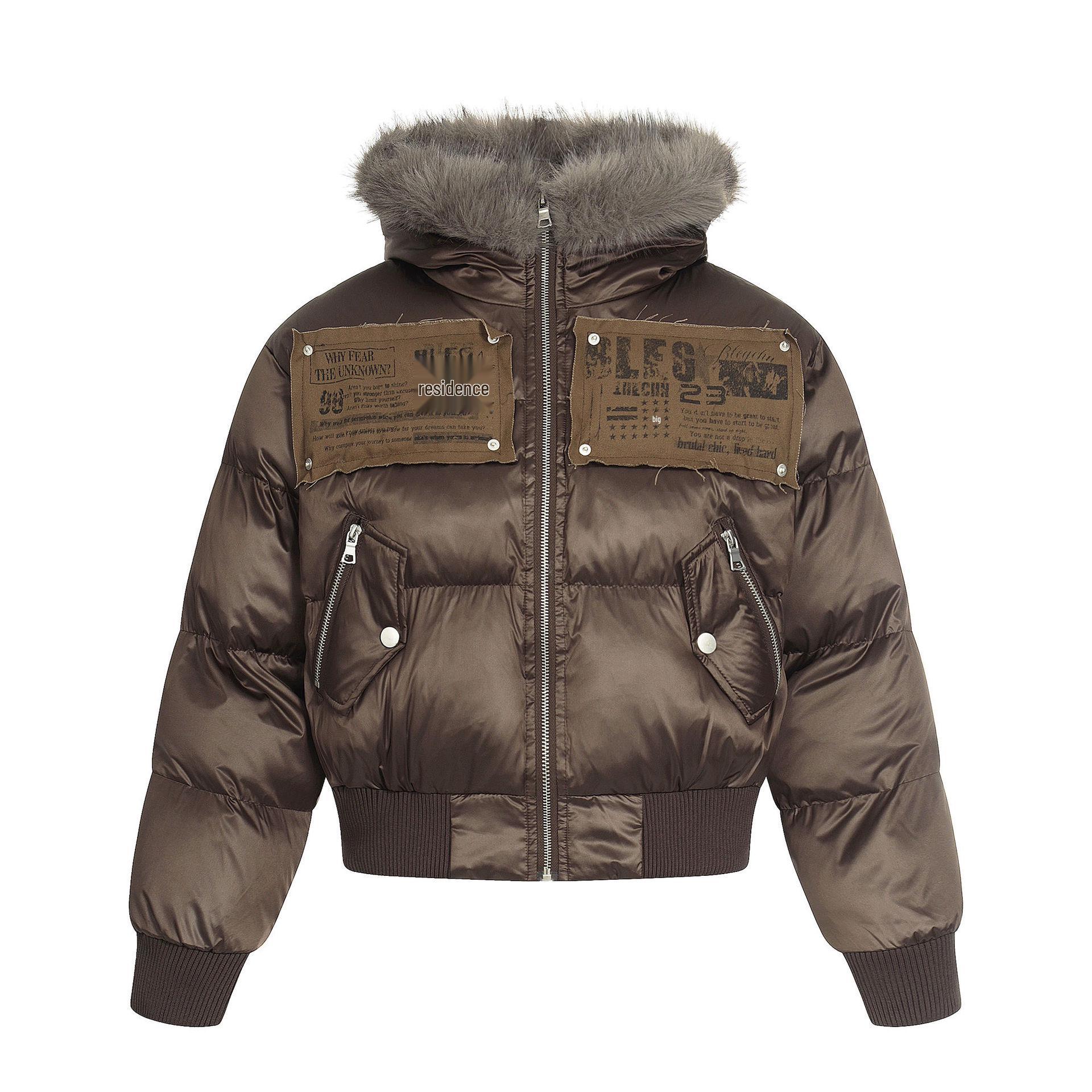 

2025 Winter Women s Hooded Patchwork Ultra-Short Quilted Cotton Jacket with Fur Collar Medium кавовий