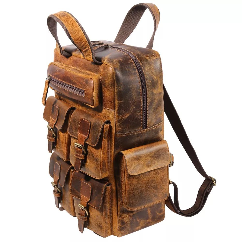 Handgemachter Vintage Rucksack aus 100% reinem Büffelleder, Reise-Collegetasche