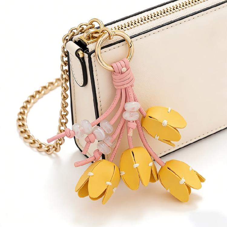 Artistic Tulips Themed Key Accessory Crafted From Leather With Elegant Bead Embellishment