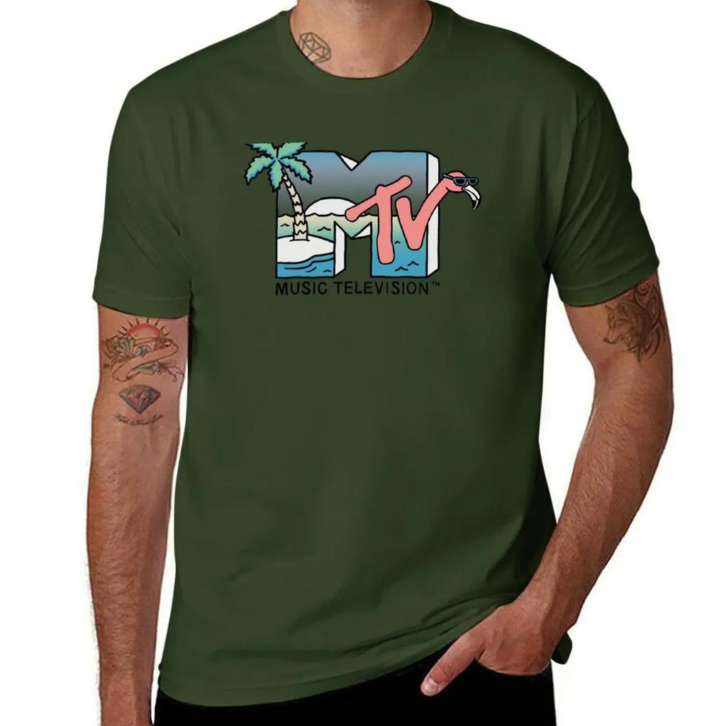 MTV Retro Beach Flamingo Scene Logo TShirt vintage Short sleeve tee cotton graphic tees black t shirts for men