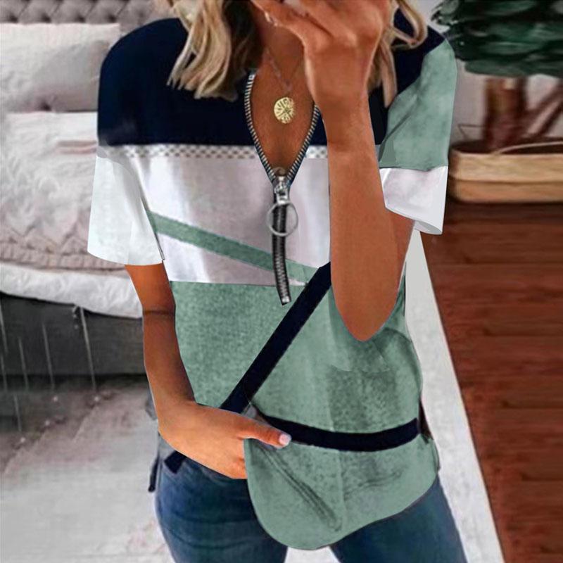 Damer Sommer Casual Trykket Løs Kort Ermet T-skjorte V-hals Glidelåstopp