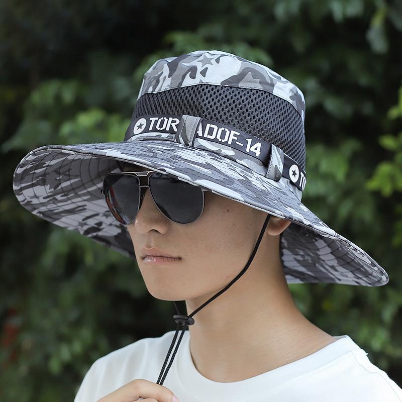 Men Summer Wide Brim Bucket Hats Fashion Outdoor Drawstring Mountaineering Sun Hat Fishing Panama Cycling Visors Breathable Mesh