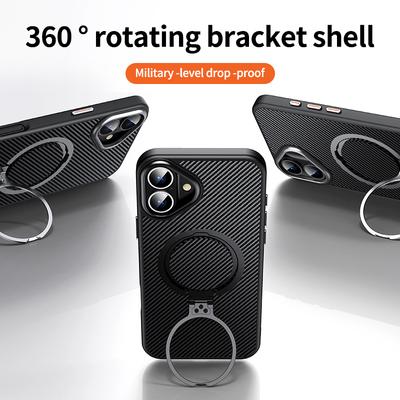 For iPhone 16 Case Compatible with MagSafe PC+TPU Phone Cover Ring Holder Carbon Fiber Texture