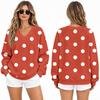 Women's Loose Fit V-Neck Sweatshirt with Polka Dot Print Casual Pullover Top for Everyday Wear